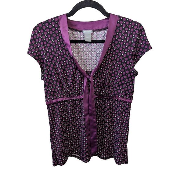 Ann Taylor Factory Women’s Black Purple Short Sleeve with Bow Tie Blouse Women's - Picture 1 of 5